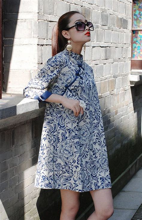 Blue and white porcelain printing dress , linen tunic ,china folk women ...