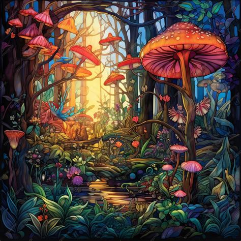 Premium AI Image | A painting of a forest with a mushroom and a bridge ...