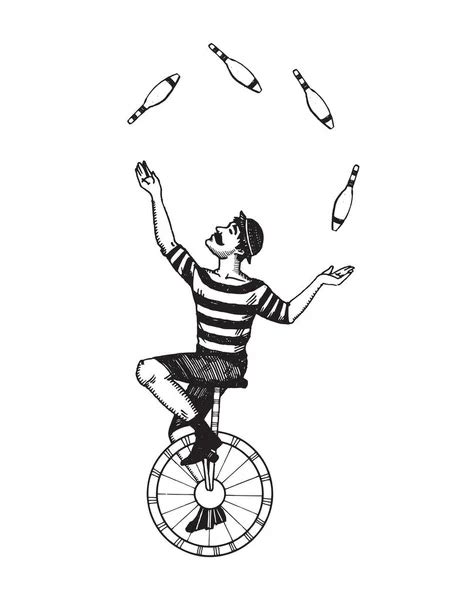 Circus juggler on unicycle sketch engraving vector illustration ...