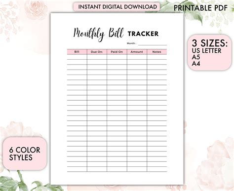 Monthly Bill Tracker, Bill Tracker, Monthly Bill Tracker Printable ...