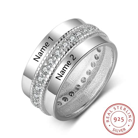 925 Sterling Silver Personalized Rings For Women Cubic Zirconia Stone Engraved Name Rings ...