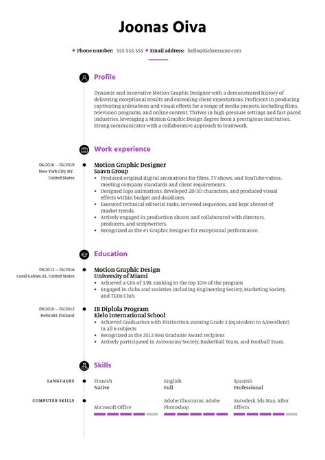 Motion Graphic Designer Resume Template | Kickresume