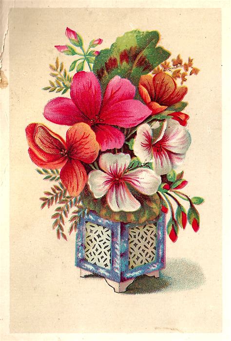 Antique Images: Free Flower Graphic: Victorian Scrap with Big,Colorful Flowers in Square, Blue Vase