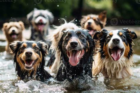 A group of wet and happy dogs with wagging tails after being washed, exuding joy and contentment ...