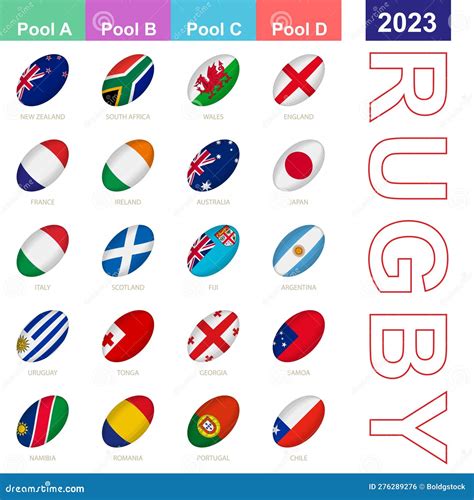 Flags of the Nations Participating in Rugby 2023. 20 Flags in the Style of a Rugby Ball Stock ...