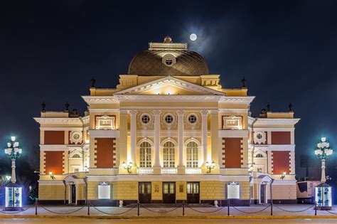 Light, 1080P, Drama Theatre, Irkutsk, Sky, Man Made, Columns, Russia, Architecture, Night, Moon ...