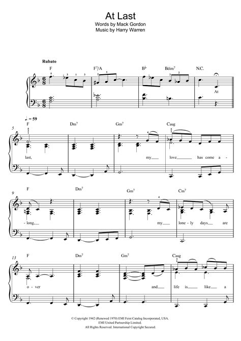 At Last by Etta James Sheet Music for Easy Piano at Sheet Music Direct