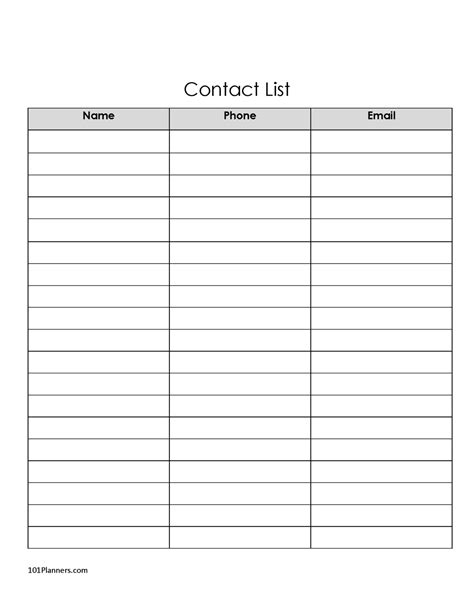 Printable Cute Contact List Template