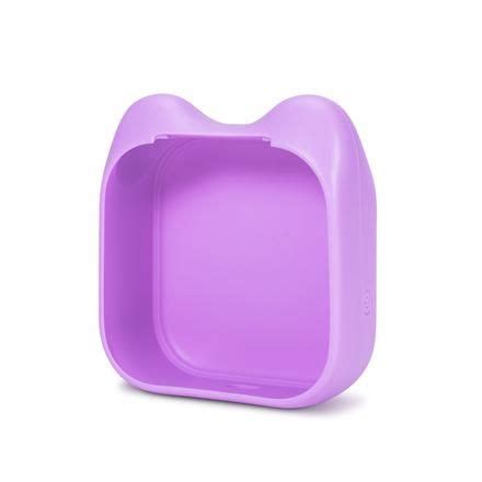 a purple cat shaped dish on a white background with clippings for the lid