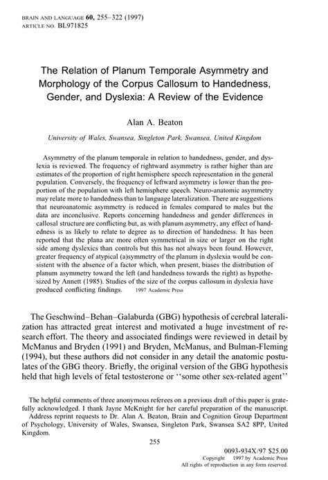 The Relation of Planum Temporale Asymmetry and Morphology of the Corpus Callosum to Handedness ...