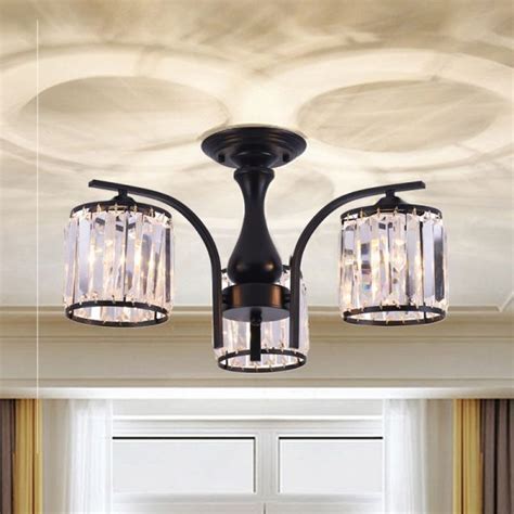 Cylinder Semi Flush Mount Light with Crystal Shade Nordic Metal 3 Lights Black Ceiling Light Fi ...