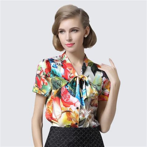 Women SILK blouse short sleeve blouse Natural silk Floral Print BOW ...