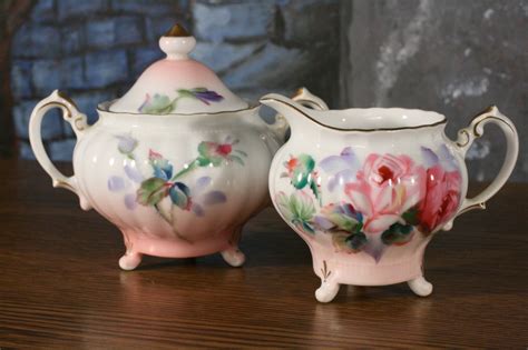 Vintage Takiro Japan Roses Hand Painted Sugar Bowl Creamer set small size Shabby Chic Cottage ...