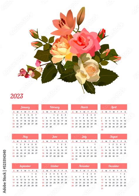 Calendar for 2023 with a luxurious bouquet of roses and lilies. The ...