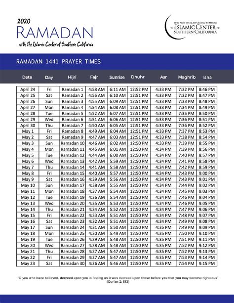 Ramadan Prayer Times 1441 - Islamic Center of Southern California