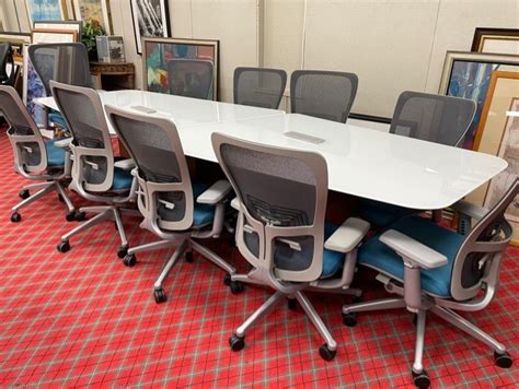 10' Height Adjustable Conference Table with Back Painted White Glass Top | Atlanta Office ...