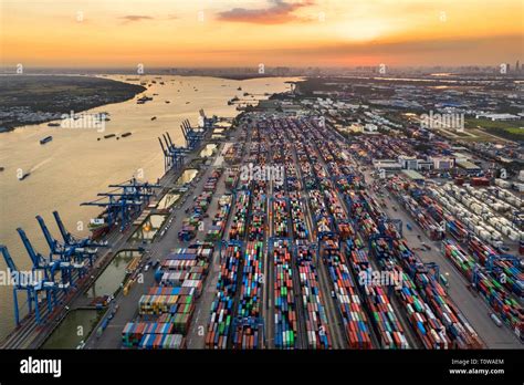 Top view aerial of Cat Lai port container, Ho Chi Minh City with development buildings ...