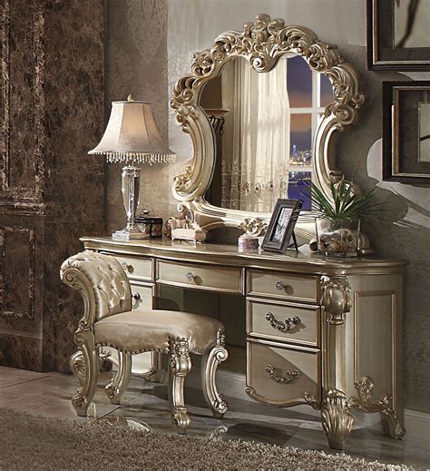 23007 Vendome 3 Pieces Gold Patina Dresser Vanity Set Stool Mirror ...