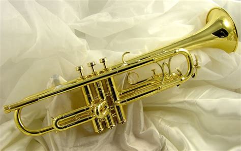 a trumpet laying on top of a white sheet