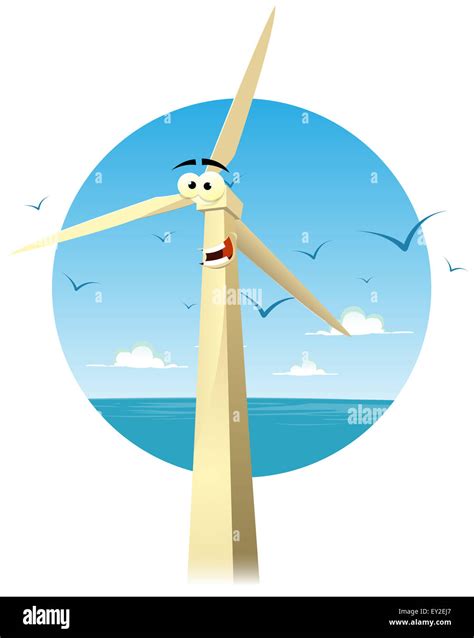 Illustration of a funny happy cartoon wind turbine character smiling with summer ocean landscape ...