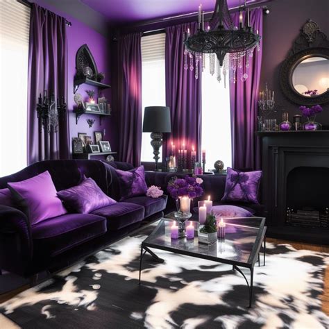 Ethereal gothic living room with black walls& black gothic windows with purple curtains& purple ...