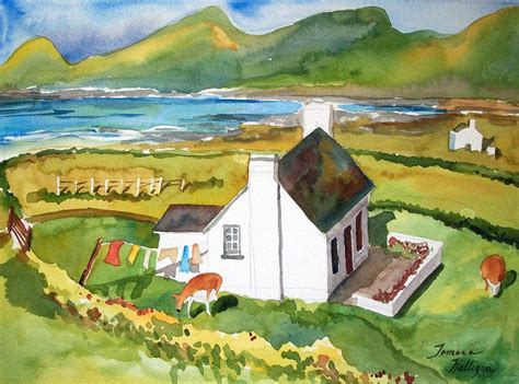 Irish cottage by the sea in watercolor | Cottage drawing, Irish art, Irish cottage