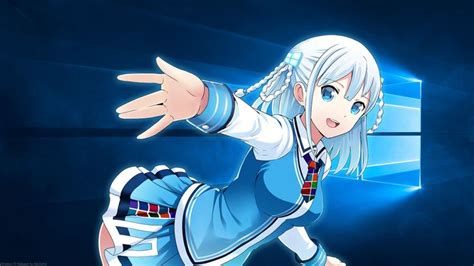 an anime character with white hair in front of a blue background and windows logo on the right side