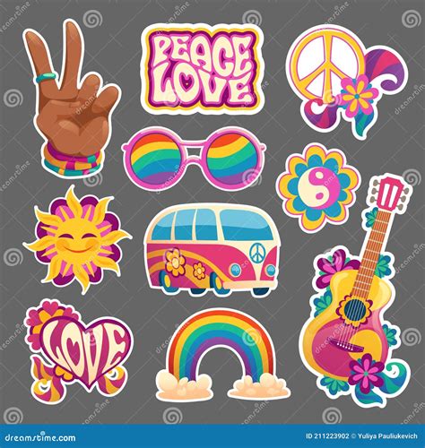 Hippie Stickers or Icons Hand Gesturing Victory Stock Vector - Illustration of flower, vintage ...