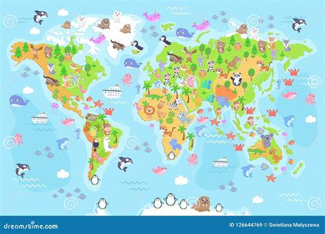 Vector Illustration of World Map with Animals for Kids. Stock ...