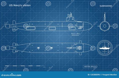 Blueprint of Submarine. Military Ship. Top, Front and Side View. Battleship Model. Industrial ...