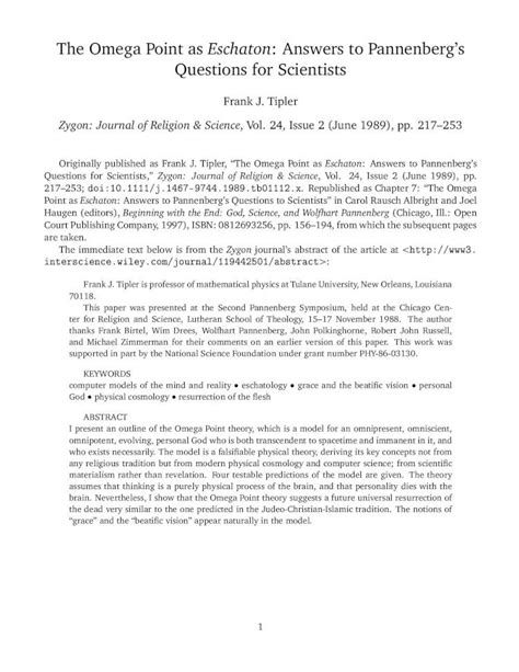 (PDF) The omega point as eschaton answers to pannenbergs questions for scientists by frank ...