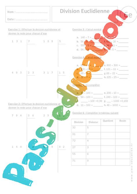 Division Euclidienne - Exercices corrigés - Divisions : 6eme Primaire ...