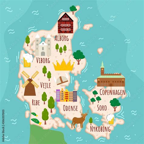 Stylized map of Denmark. Cartoon map with travel illustration. Famous ...