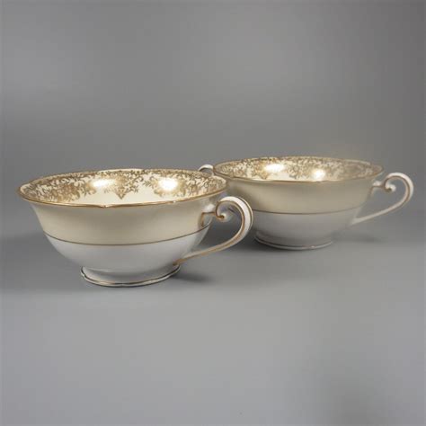Pair Noritake Gastonia Double-Handled Cream Soup Cups Saucers