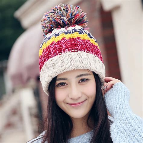 HT1937 Women Beanies Autumn Winter Women Hat Color Patchwork Big Ball Pompoms Beanie Hat Cuffed ...