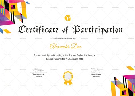 Badminton Participation Certificate Template | Certificate design template, Certificate ...