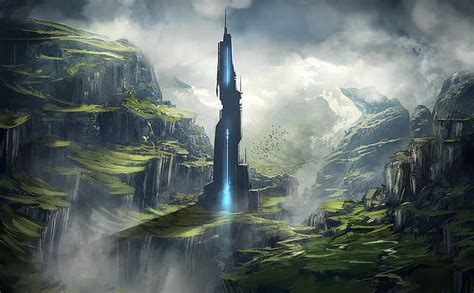 Tower, mountains, clouds, art, fantasy, HD wallpaper | Peakpx