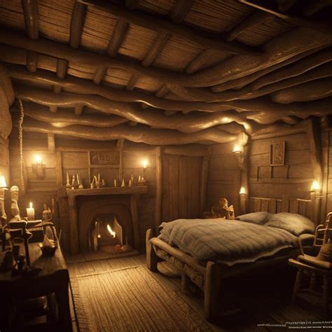 medieval interior of a hut with a double bed and a f... | OpenArt