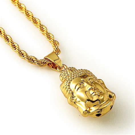 Buddhism Jewelry Yellow Gold Filled Buddha Pendant Necklace with Twisted Singapore Chain Hip Hop ...