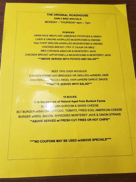 Menu at The Original Roadhouse steakhouse, East Palestine