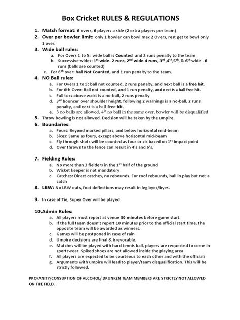 Box Cricket Rules & Regulations: 1. Match Format: 2. Over Per Bowler ...