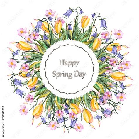 Watercolor greeting card with flowers and the word happy Spring day ...