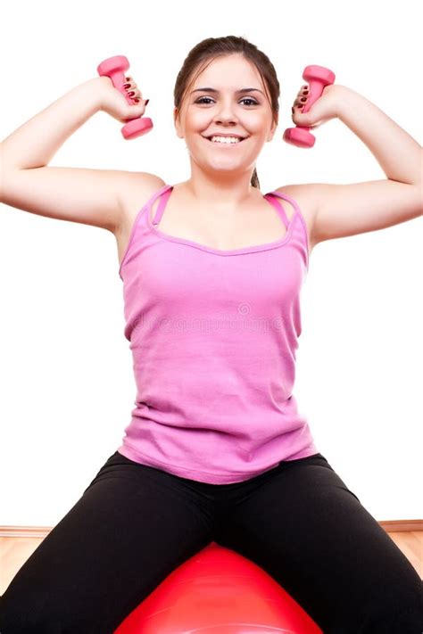 Exercising Young Woman With Pink Fitness Weights Stock Photo - Image of ...