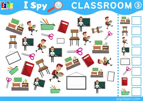 Classroom Objects 3 Topic I Spy Game for kids Free PDF Download - Ezpzlearn.com