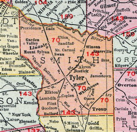 Smith County, Texas, Map, 1911, Tyler, Lindale, Troup, Whitehouse ...