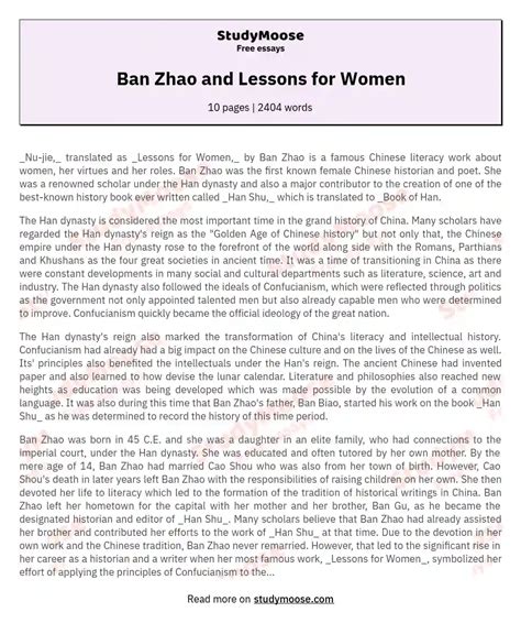 Ban Zhao and Lessons for Women Free Essay Example