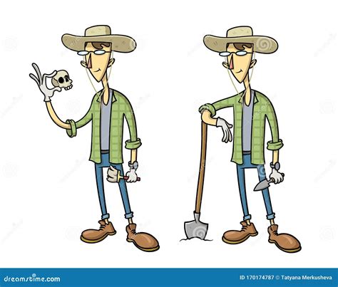 Funny Cartoon Archaeologist Character Set of Two. Flat Vector ...