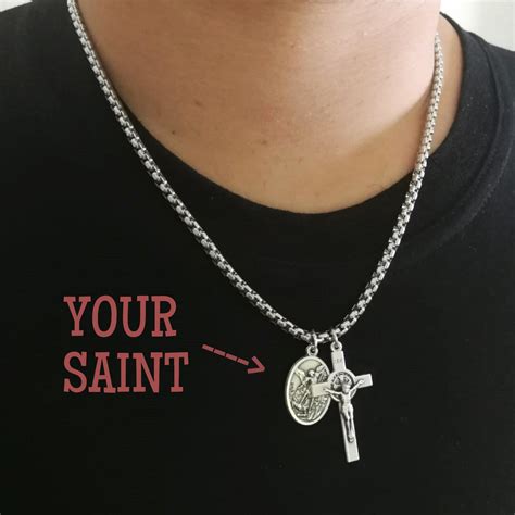 Catholic Cross Chain Necklace Reversible Saint Pendant Men - Etsy