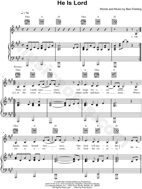 Hillsong "He Is Lord" Sheet Music in A Major (transposable) - Download & Print - SKU: MN0068006_D3