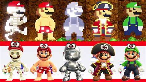 Super Mario Odyssey - All Costumes & Hats (8-Bit Version Comparison ...